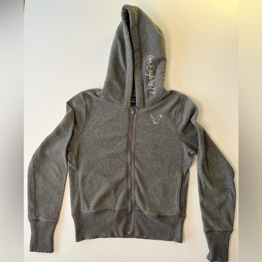 American Eagle Womans Hoodie Large Gray Logo, Zip Up AE Sweatshirt Sherpa Hood